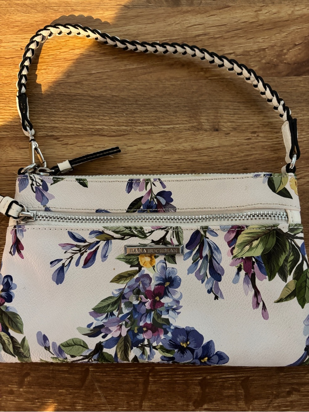 Dana Buchman White Floral Leather Wristlet with Purple & Green Accents